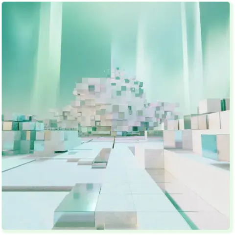 Abstract image of white and silver blocks with aqua background